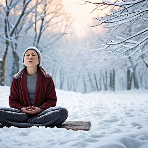 Home 15 **Image Prompt:** Serene winter scene with a person meditating outdoors in a snowy landscape. Focus on the stillness and beauty of nature, with soft lighting and a sense of calm. Include elements like snow-covered trees, gentle snowfall, and a person sitting comfortably in a meditative pose, wrapped in warm clothing.
