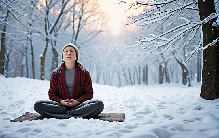 **Image Prompt:** Serene winter scene with a person meditating outdoors in a snowy landscape. Focus on the stillness and beauty of nature, with soft lighting and a sense of calm. Include elements like snow-covered trees, gentle snowfall, and a person sitting comfortably in a meditative pose, wrapped in warm clothing.