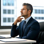 A professional businessperson in a modest, dark business suit, seated calmly at a modern, uncluttered office desk, taking a moment for conscious breathing. The individual's expression is composed and focused, reflecting inner peace and clarity amidst a busy workday. The background features a blurred, contemporary office interior with soft natural lighting from a large window. fully clothed, appropriate attire, professional dress, safe for work, appropriate content, family-friendly, perfect anatomy, correct proportions, natural pose, well-formed hands, proper finger count, natural body proportions, professional photography, high quality, sharp focus.
