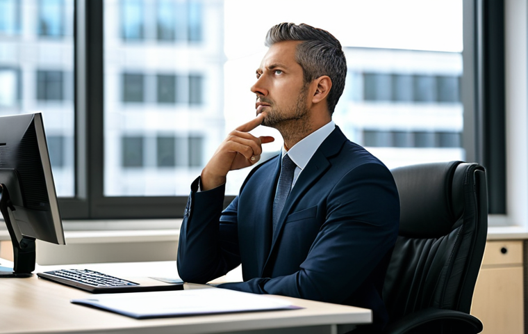 A professional businessperson in a modest, dark business suit, seated calmly at a modern, uncluttered office desk, taking a moment for conscious breathing. The individual's expression is composed and focused, reflecting inner peace and clarity amidst a busy workday. The background features a blurred, contemporary office interior with soft natural lighting from a large window. fully clothed, appropriate attire, professional dress, safe for work, appropriate content, family-friendly, perfect anatomy, correct proportions, natural pose, well-formed hands, proper finger count, natural body proportions, professional photography, high quality, sharp focus.
