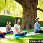 마인드풀니스와 환경 문제의 해결 - A serene scene of a diverse group of adults and teenagers practicing mindfulness meditation in a lus...