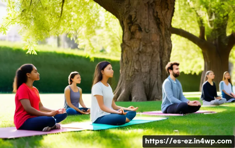 마인드풀니스와 환경 문제의 해결 - A serene scene of a diverse group of adults and teenagers practicing mindfulness meditation in a lus...