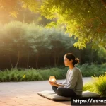 저녁 시간의 마인드풀니스와 자연의 조화 - A serene late afternoon scene in a Spanish urban park, bathed in warm golden sunlight filtering thro...
