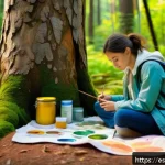 자연에서의 마인드풀니스 아트 세션 - A serene outdoor art session in a lush, sun-dappled forest clearing during late afternoon. A young a...