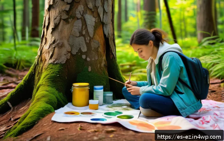 자연에서의 마인드풀니스 아트 세션 - A serene outdoor art session in a lush, sun-dappled forest clearing during late afternoon. A young a...