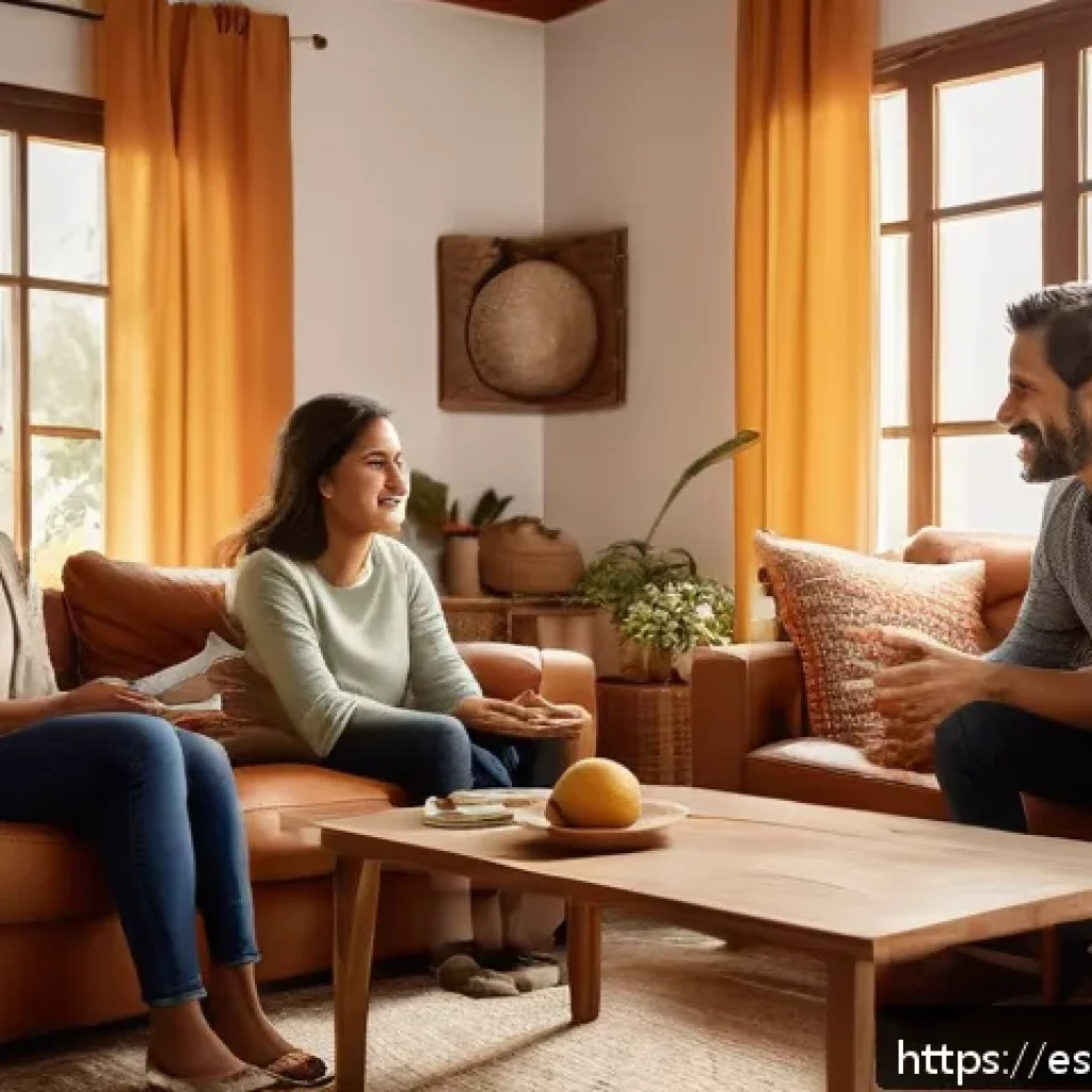 마인드풀니스와 인간 관계 개선하기 - A warm, intimate family gathering scene in a cozy Spanish living room, showing diverse adult family ...