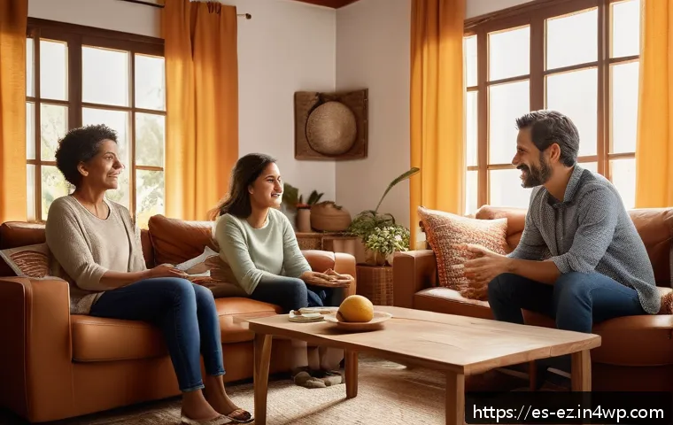 마인드풀니스와 인간 관계 개선하기 - A warm, intimate family gathering scene in a cozy Spanish living room, showing diverse adult family ...