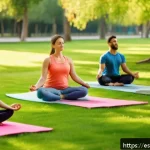 야외 마인드풀니스 활동의 장점과 단점 - A serene outdoor mindfulness scene in a lush urban park in Spain during early morning light, featuri...
