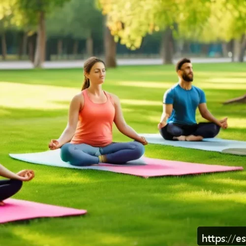 야외 마인드풀니스 활동의 장점과 단점 - A serene outdoor mindfulness scene in a lush urban park in Spain during early morning light, featuri...