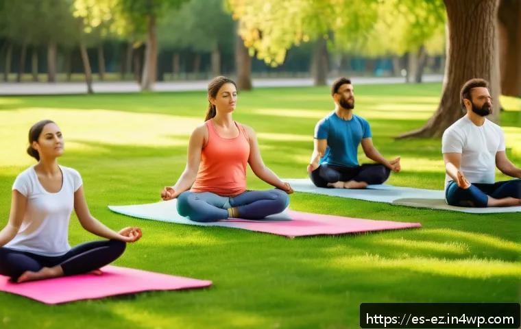 야외 마인드풀니스 활동의 장점과 단점 - A serene outdoor mindfulness scene in a lush urban park in Spain during early morning light, featuri...