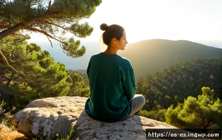 Home 30 자연 속에서의 마인드풀니스와 감사 연습 - Photorealistic mindful morning in a peaceful Spanish Mediterranean pine forest, an adult woman in mo...